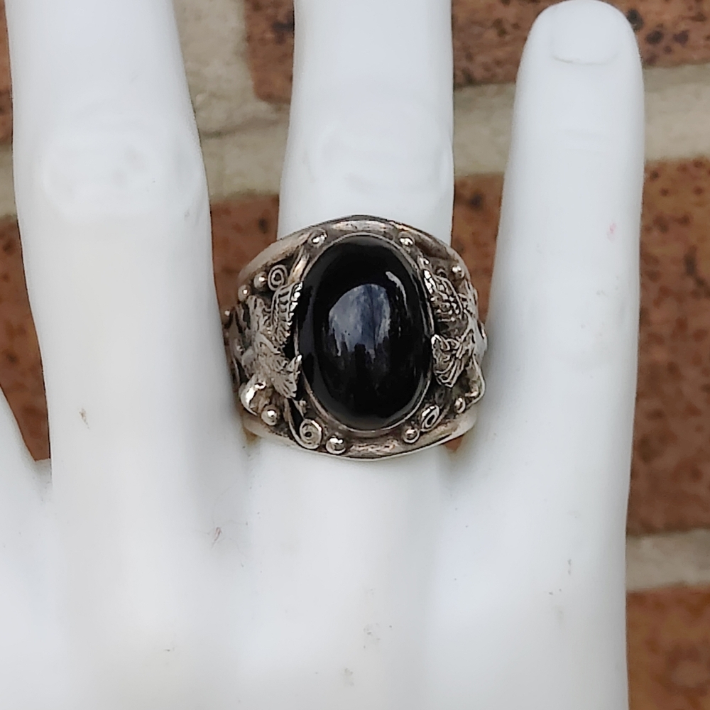Massive Vintage Men's Sterling Silver Black Onyx Eagle Native American Ring - Picture 4 of 12